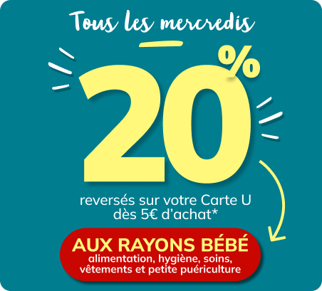 Tous les mercredis : 20% reversés sur votre Carte U aux rayons bébé